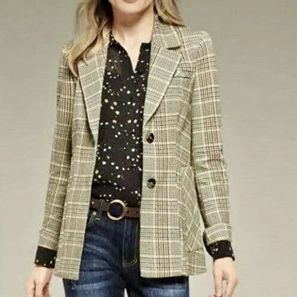 CABI Pastime Blazer #3548 Plaid Jacket Beige Multicolor Size 0 Stretch Academia